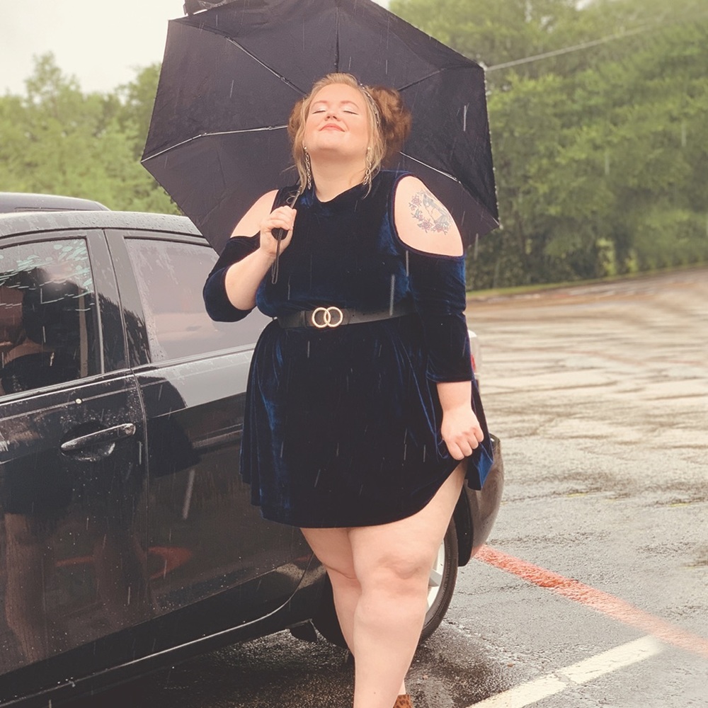 Open Shoulder Blue Velvet Dress